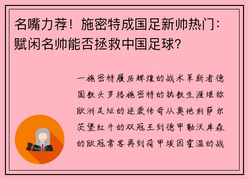 名嘴力荐！施密特成国足新帅热门：赋闲名帅能否拯救中国足球？