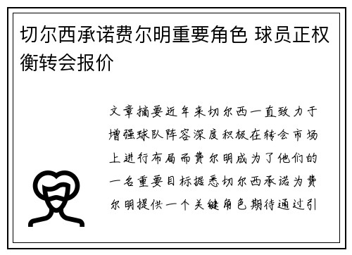 切尔西承诺费尔明重要角色 球员正权衡转会报价