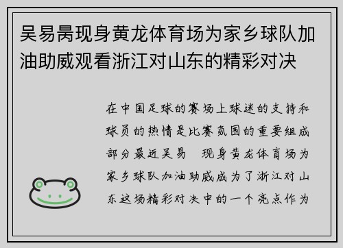 吴易昺现身黄龙体育场为家乡球队加油助威观看浙江对山东的精彩对决